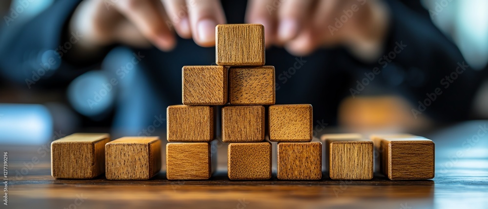 Poster a business team stacking wooden blocks on a table, representing knowledge management, sharing, and c