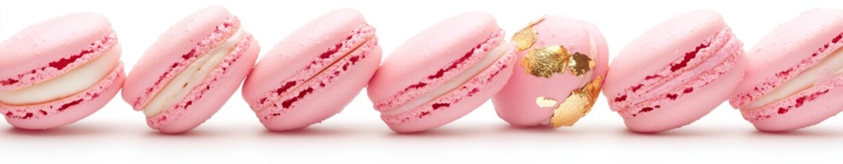 Pink macarons lined up on white background