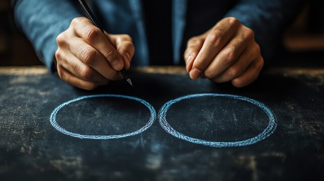 A businessman drawing a Venn diagram with two intersecting circles on a blackboard, symbolizing business strategy and decisionmaking