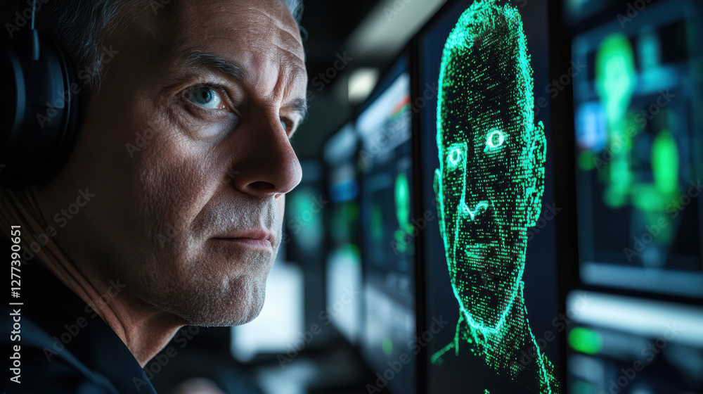 Poster focused man analyzing digital graphics on computer screens with futuristic green 3d visualizations i