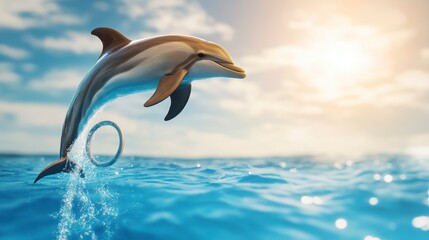 A dolphin leaps gracefully through a hoop in a sunlit ocean, showcasing its agility and playfulness