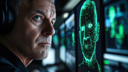 Focused man analyzing digital graphics on computer screens with futuristic green 3d visualizations in a darkened technology room