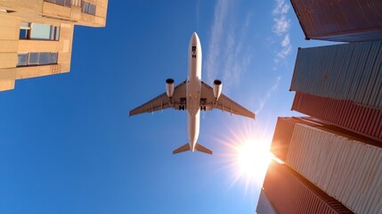 Flying high above the busy logistics hub as containers await transport