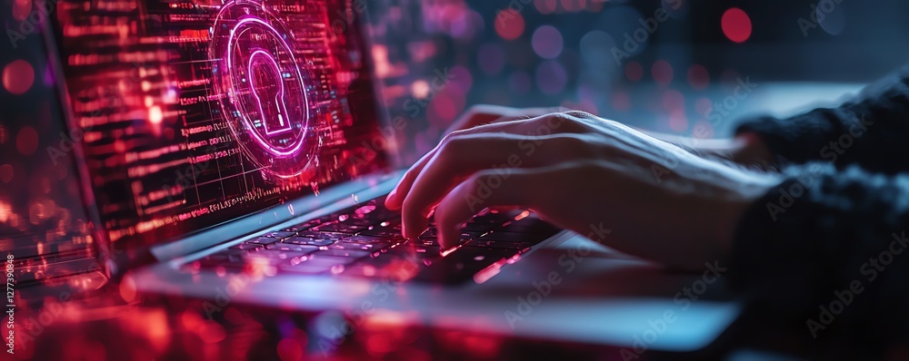 Leinwandbilder a closeup of a person typing on a laptop, with a floating holographic padlock icon and cyber defense