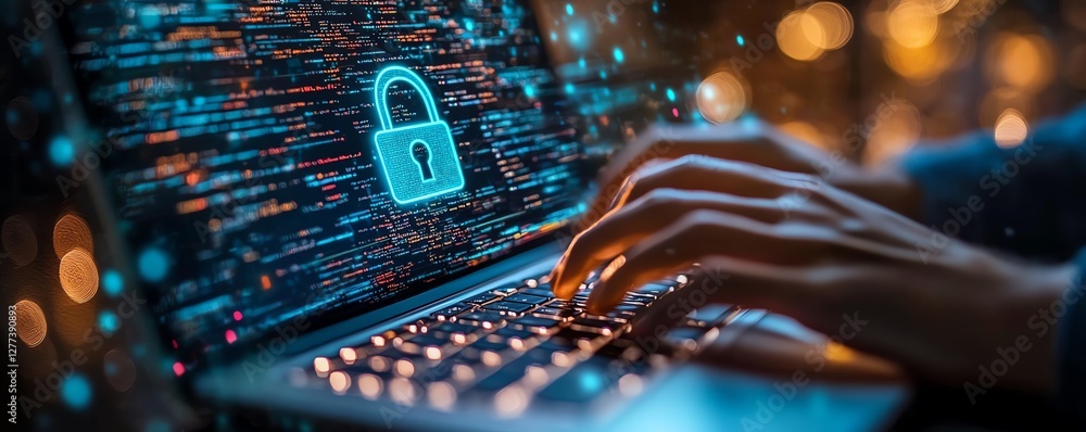 Leinwandbilder a closeup of a person typing on a laptop, with a floating holographic padlock icon and cyber defense