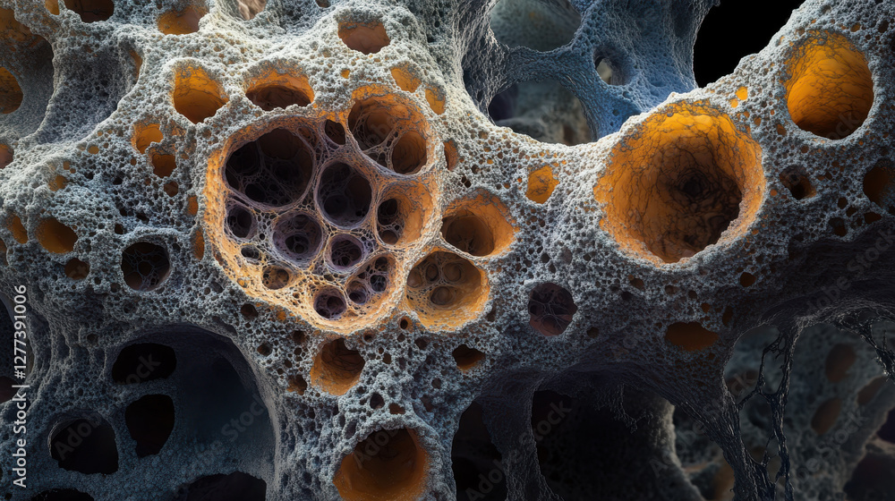 Poster detailed abstract image of complex porous structure with intricate patterns and glowing orange core 