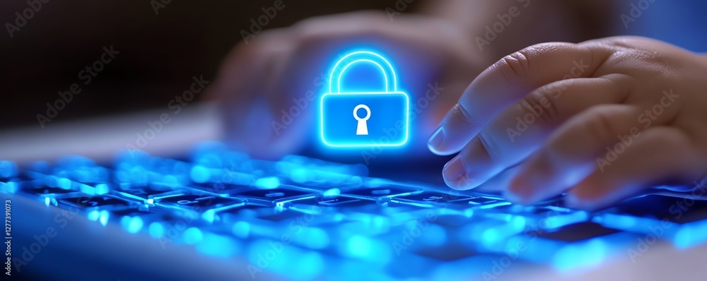 Poster a closeup of hands typing on a laptop keyboard, with a glowing padlock icon hovering above, symboliz