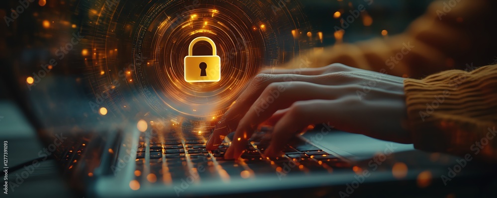 Poster a closeup of hands typing on a laptop keyboard, with a glowing padlock icon hovering above, symboliz