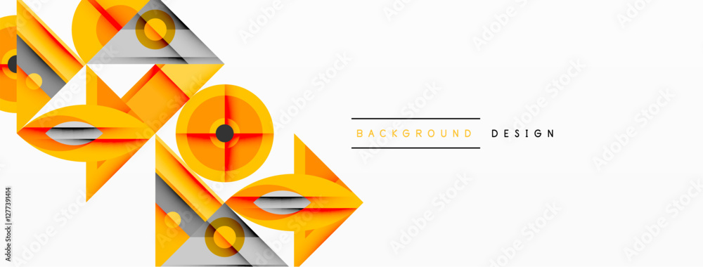 Poster Geometric abstract composition with intersecting shapes, circles, triangles, and gradients, blending vibrant colors and dynamic contrasts to create a modern, futuristic visual design