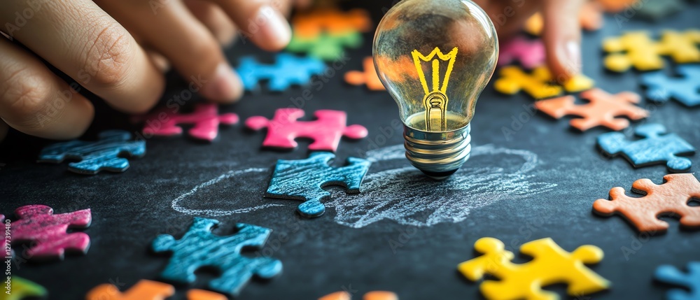 Poster a dynamic teamwork scene, people assembling puzzle pieces while a chalkdrawn light bulb glows on a b