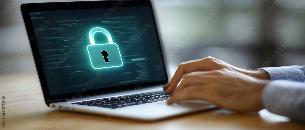 Poster a hightech laptop with a glowing padlock icon on the screen, closeup of hands typing, representing c