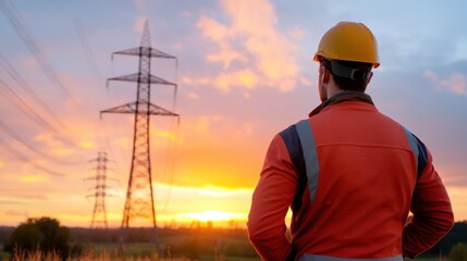 Engineers stand watch over the horizon at sunset near electricity towers