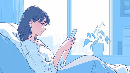 スマホを楽しむ女性｜リラックスした室内シーンと観葉植物