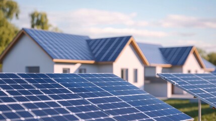 Fototapeta premium Solar panels on rooftops harness sunlight, promoting renewable energy in modern homes, surrounded by greenery and a clear sky.