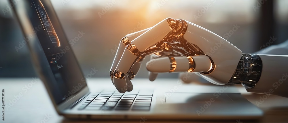 Poster a professional using a laptop with an ai hologram emerging from the screen, depicting artificial int