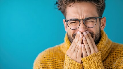 Stylish young man sneezing in a checkered outfit against blue