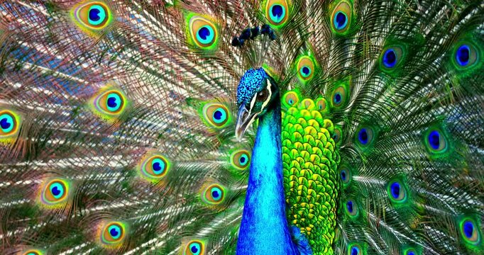 Beautiful peacock with open feathers tail dance
