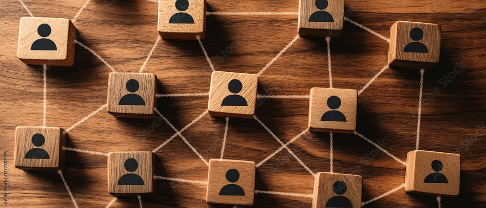 Poster A topdown view of a wooden table with multiple cubes featuring people icons, representing a communication network and organizational connections
