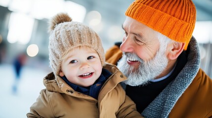 Grandfather guides grandson on a joyful ice skating adventure outdoors