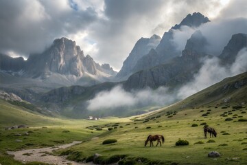 Horses Grazing in Mountain Valley