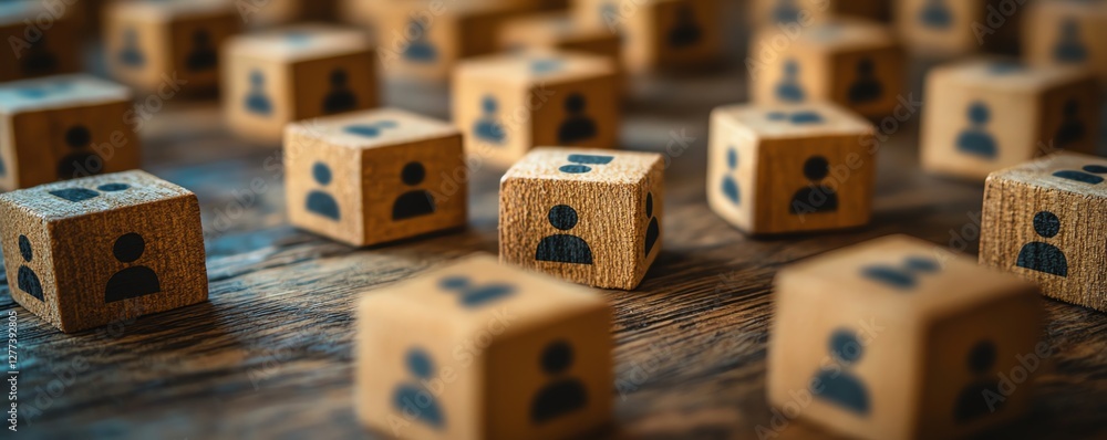 Poster A wooden table with scattered cubes, each with a people icon, symbolizing connections and the framework of a communication network in an organization