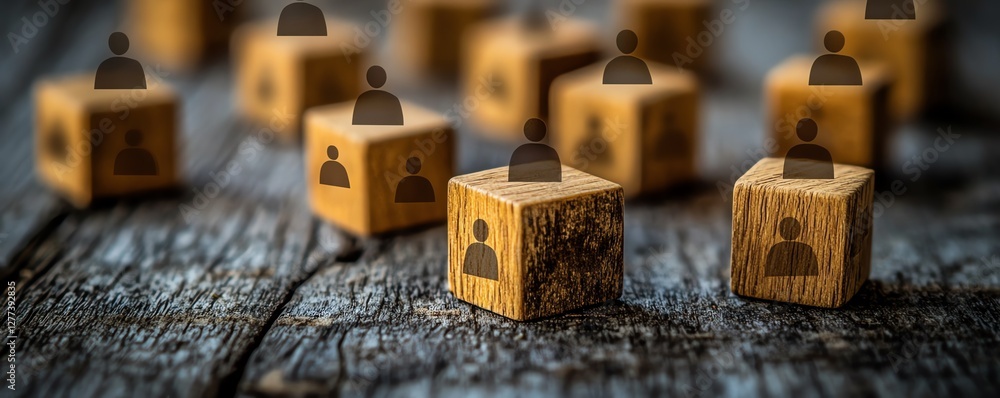 Poster a wooden table with scattered cubes, each with a people icon, symbolizing connections and the framew