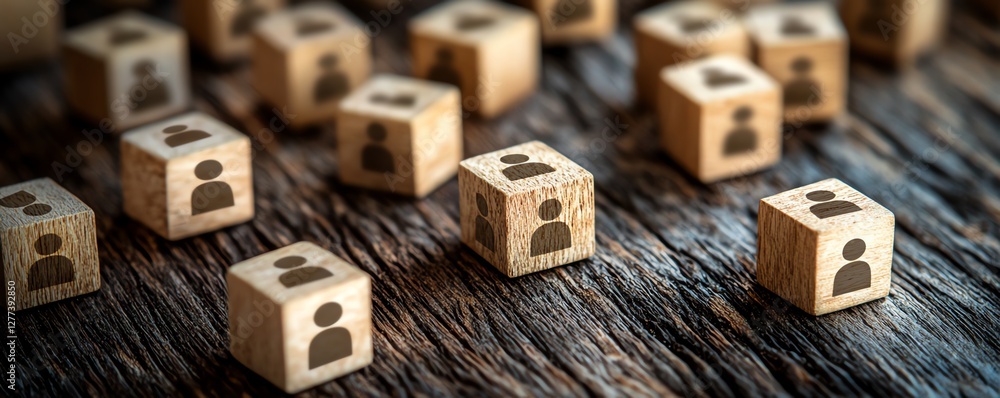 Poster A wooden table with scattered cubes, each with a people icon, symbolizing connections and the framework of a communication network in an organization