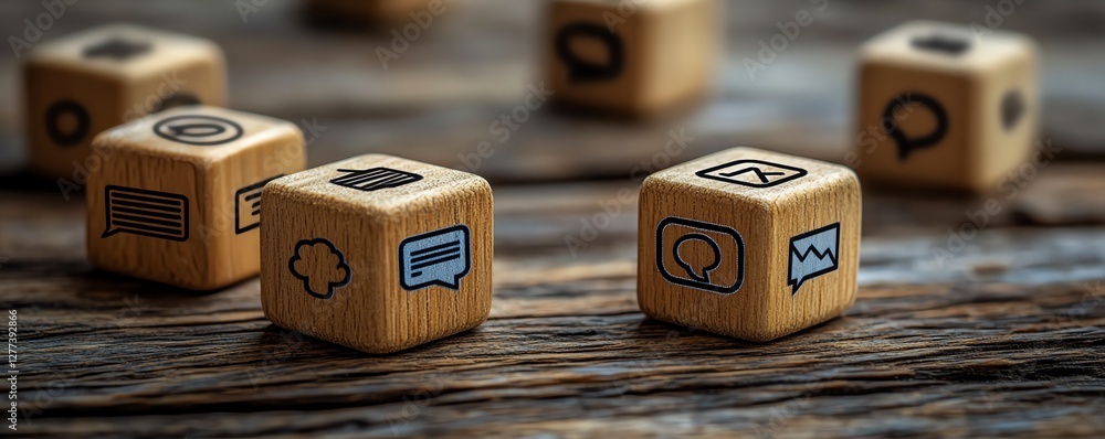 Aufkleber A wooden table with scattered cubes, each with a people icon, symbolizing connections and the framework of a communication network in an organization