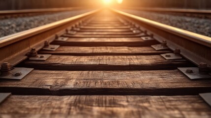 Fototapeta premium Sunlit railroad track extending into the horizon offers endless possibilities
