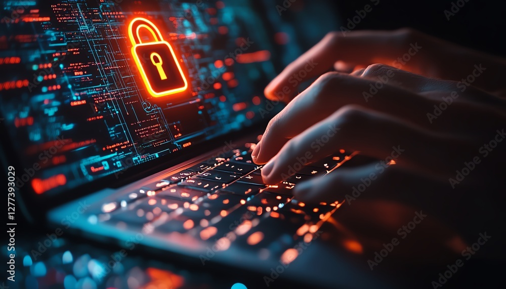 Poster closeup of hands on a laptop keyboard, with a futuristic glowing padlock icon and cybersecurity inte
