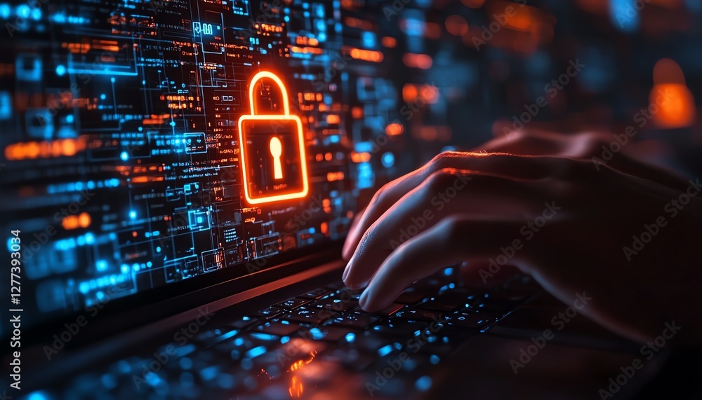Poster closeup of hands on a laptop keyboard, with a futuristic glowing padlock icon and cybersecurity inte
