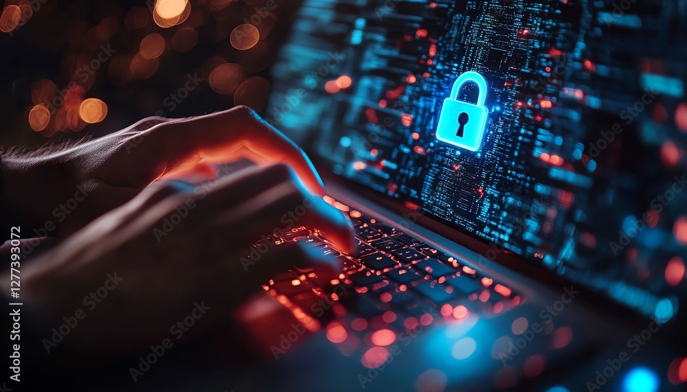 Poster closeup of hands on a laptop keyboard, with a futuristic glowing padlock icon and cybersecurity inte