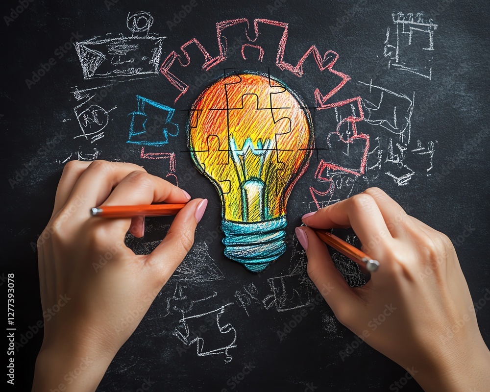 Poster closeup of hands sketching a puzzle and a bright light bulb on a blackboard, representing the combin