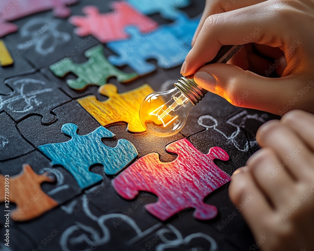 Poster closeup of hands sketching a puzzle and a bright light bulb on a blackboard, representing the combin