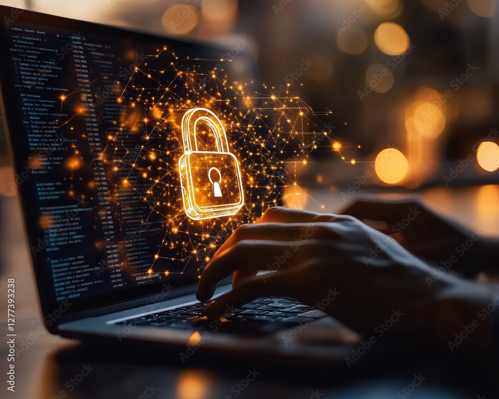 Leinwandbilder cybersecurity visualization with a laptop, hands typing, and a glowing padlock icon, representing fi