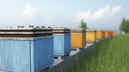 Fototapeta premium Colorful beehives lined up in a grassy field under a clear sky, showcasing a tranquil and productive beekeeping environment.