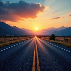Fototapeta premium Straight asphalt road disappearing into distance with mountains in background at sunset, landscape, highway, horizon