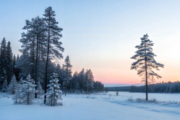 Winter Sunset in Pine Forest