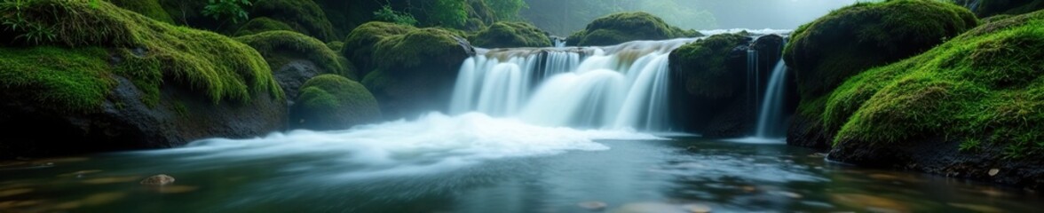 Fototapeta premium Water cascading over moss-covered rocks in the misty morning, water, moss, rocks