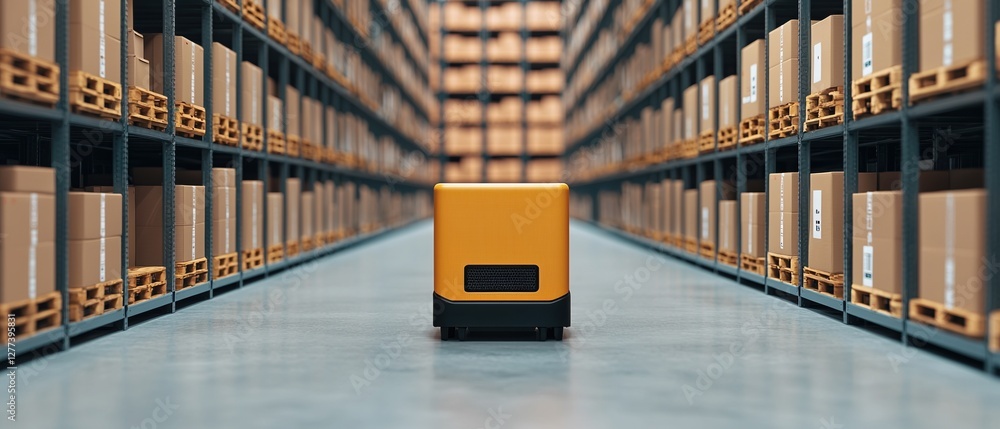 Poster supply chain optimization concepts. automated robot in a warehouse aisle among stacked boxes.