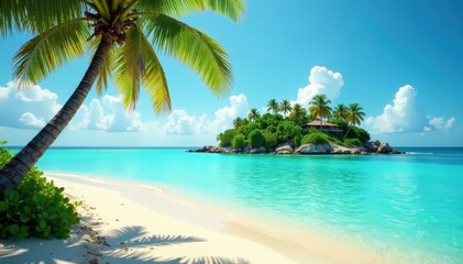 Naklejka premium Golden sand, turquoise water, lush palms, idyllic island , tranquility, waterfront, bright