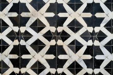Geometric tilework pattern with symmetrical design black and white detailed motif