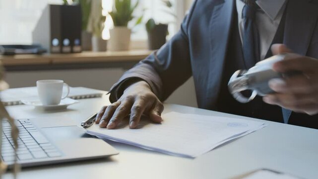 Medium midsection shot of unrecognizable black male manager in suit and tie working in office, reading contract, then putting company stamp at bottom of page during approval and signing procedure