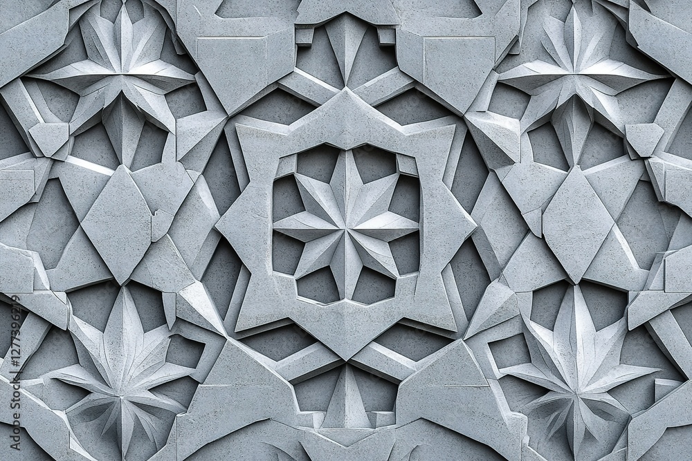 Poster stone carving detail with geometric star patterns in intricate and layered design