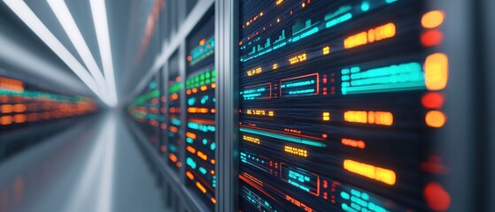 Supply Chain Optimization Concepts. High-tech server room with vibrant data indicators displayed.