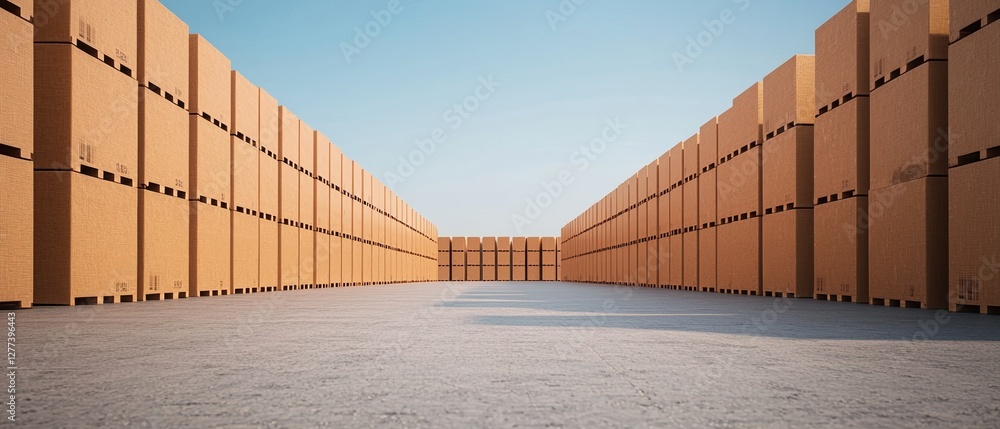 Poster supply chain optimization concepts. warehouse with stacked boxes and clear blue sky above.