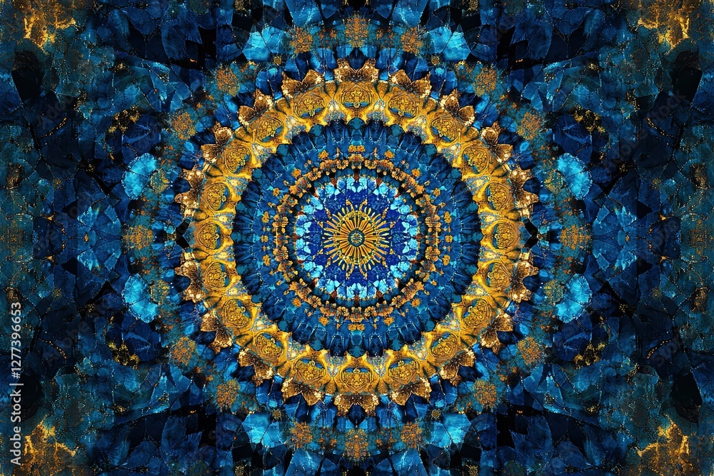 Poster golden and blue circular design with a fractal pattern radiating outwards
