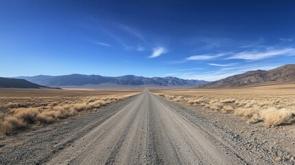 Fototapeta premium A long, straight dirt road vanishes into the horizon of a vast, dry desert landscape under a clear blue sky.