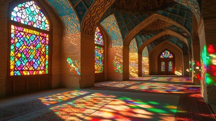 Obraz premium Colorful Light Reflections Through Stained Glass Windows in Mosque