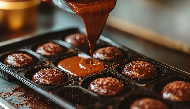 Pouring Liquid Chocolate into Mold for Delicious Confections